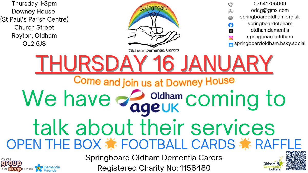 Springboard Oldham Dementia Carers Group (@oldhamdementia) on Twitter photo Springboard is a weekly social group for people living with dementia along with a family member, friend or carer. This Thursday we have <a href="/ageukoldham/">Age UK Oldham</a> coming to talk about their services. New members always welcome 🤗
#OldhamHour #Dementia #Carers #Royton Springboard is a weekly social group for people living with dementia along with a family member, friend or carer. This Thursday we have <a href="/ageukoldham/">Age UK Oldham</a> coming to talk about their services. New members always welcome 🤗
#OldhamHour #Dementia #Carers #Royton