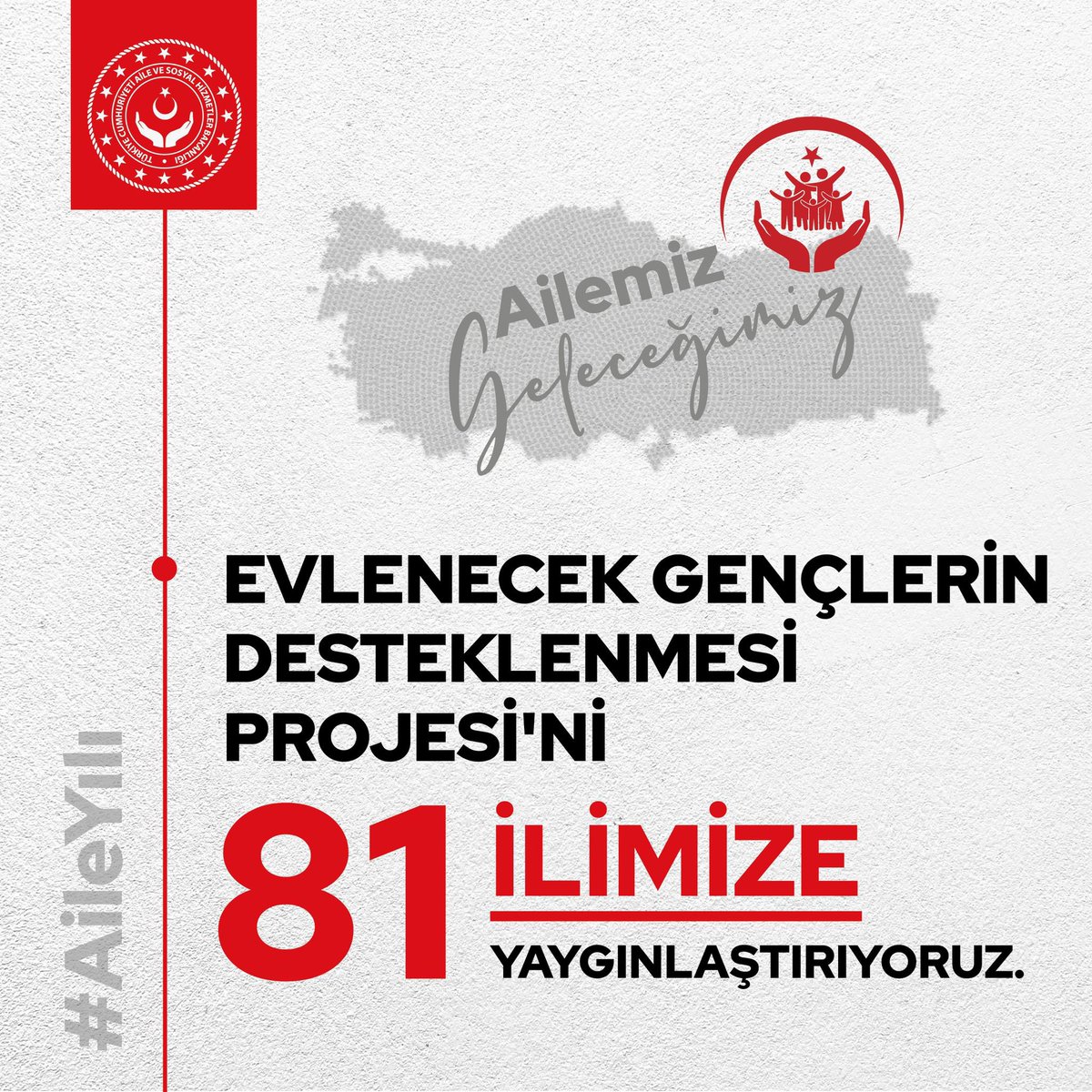 📌 Evlenmek isteyen gençlerimize destek oluyoruz! 

“Evlenecek Gençlerin Desteklenmesi Projesi”ni 81 ilimize yaygınlaştırıyoruz. 

#AileYılı
<a href="/tcailesosyal/">T.C. Aile ve Sosyal Hizmetler Bakanlığı</a>