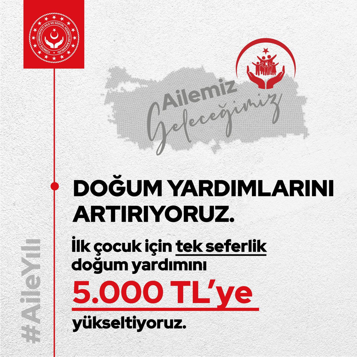 📌 Ailelerimize destek olmaya devam ediyoruz!

“Doğum Yardımları” kapsamında, ilk çocuk için tek seferlik yardımı 5.000 TL’ye yükseltiyoruz.

#AileYılı
<a href="/tcailesosyal/">T.C. Aile ve Sosyal Hizmetler Bakanlığı</a>
