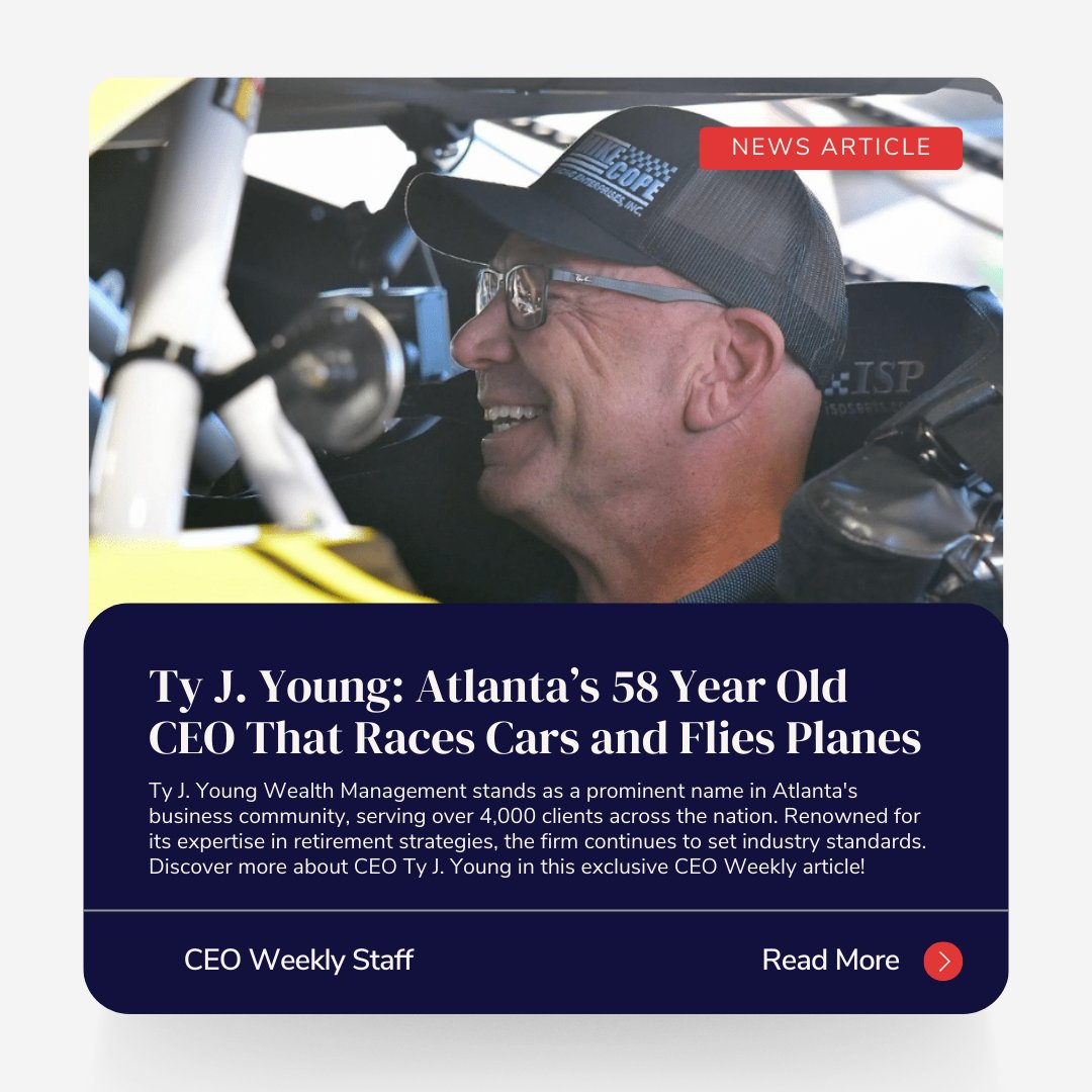 tyjyounginc's tweet photo. CEO, Ty J. Young, featured in this article highlighting his passion for racing, flying, and leading in retirement investing.

Read the full article: https://t.co/UwqSwZ8H4B

#TyJYoung #CEOFeature #WealthManagement #Leadership https://t.co/FoUc6INkzV