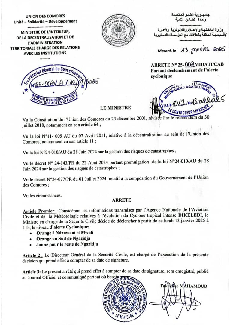 🚨🌀 ALERTE CYCLONIQUE DIKELEDI
🟠Orange : Ndzuani, Mwali, Sud de Ngazidja
🟡Jaune : Reste de Ngazidja
Soyez vigilants et suivez les consignes ! #Comores #Cyclone