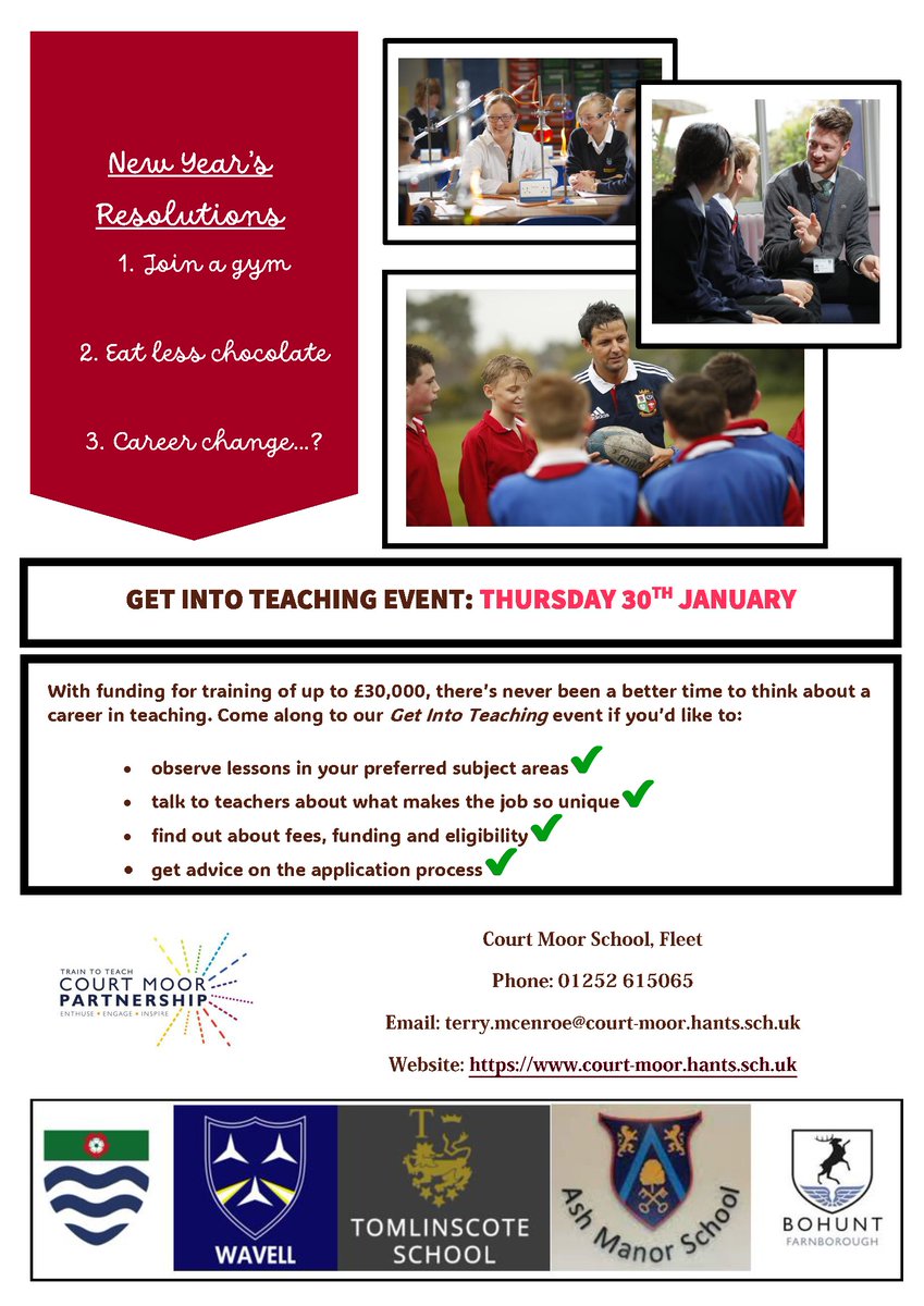 If your new year’s resolution was a career change… why not teaching?

If you’d like to know more, come along Thursday 30th January to observe some lessons and find out about the application process (or attend our online event on Monday 10th February).

court-moor.hants.sch.uk/102/teacher-tr…