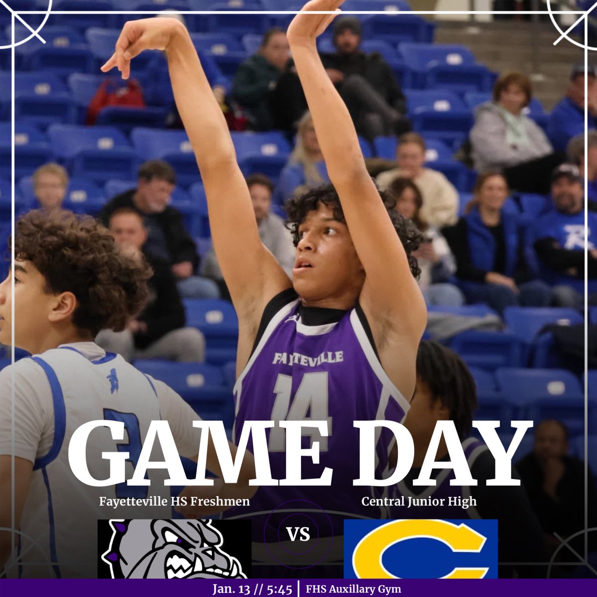 FayBulldogsBB's tweet photo. Bonus action tonight in the Auxiliary Gym!! 

#Purple Freshman host @CJHS_Tweet at 5:45!!

#PurpleDNA https://t.co/8RsupJ4ZWx