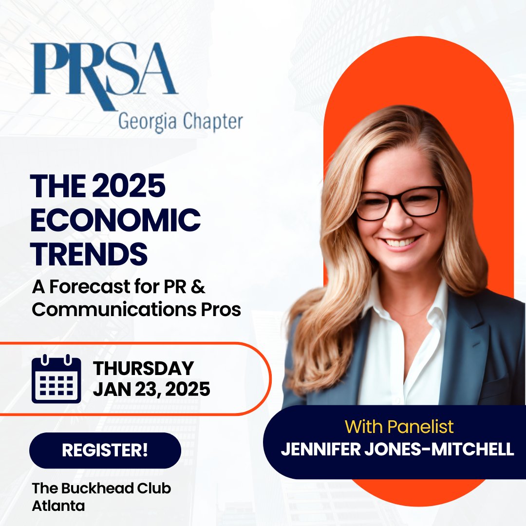 Hey Atlanta! Join me next Thursday, 1/23 at The Buckhead Club for an exciting discussion on The 2025 Economic Trends: A Forecast for PR &amp; Communications Pros. 

Register here: prsageorgia.org/meetinginfo.ph…

#PRSA #Atlanta #2025Trends #Communications #PRPanel #PRtrends #AI