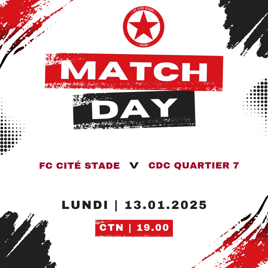 🏟️ ⚽️ Jour de match pour le FC Cité Stade ! ⚽️🏟️

Rendez-vous ce soir à 19h au CTN pour soutenir notre équipe qui affrontera le CDC Quartier 7 dans un duel qui promet d’être intense ! 💪🔴⚪

Venez nombreux pour faire vibrer nos couleurs et pousser nos joueurs vers la victoire !