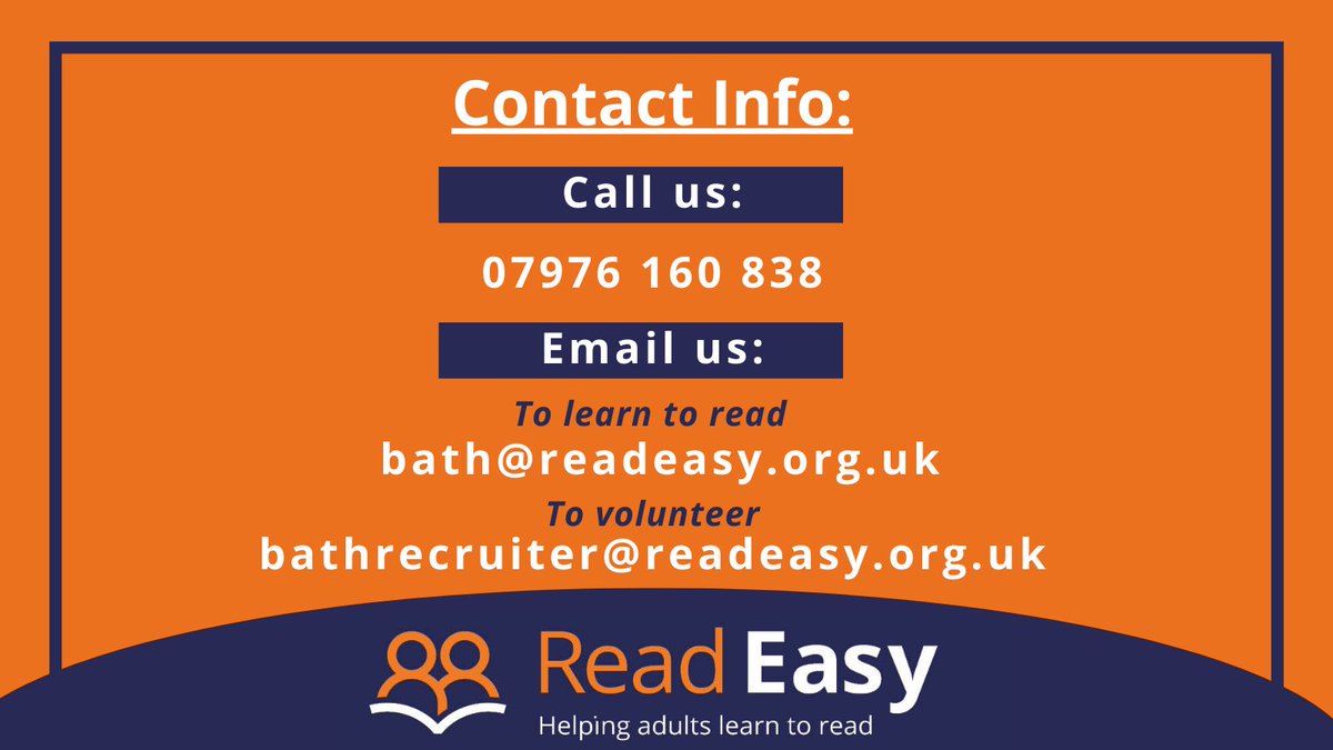 ReadEasyBath's tweet image. 💭Know someone who would like to learn to read? Or perhaps you are interested in volunteering with us.

You can, call us, send us an email or simply direct message us. We would love to talk to you.

➡ For more information find the link in bio