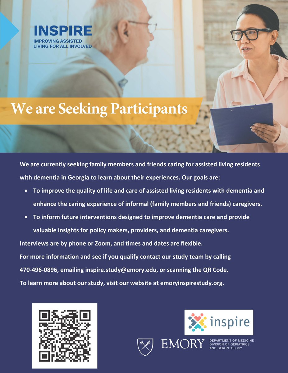 InspireStudyEU's tweet image. We are seeking informal caregivers of assisted living residents with dementia for our study. To learn more about how to participate in our study and to see if you qualify, call 470-493-0896, email us at inspire.study@emory.edu, or visit our website emoryinspirestudy.org/joining-our-st….