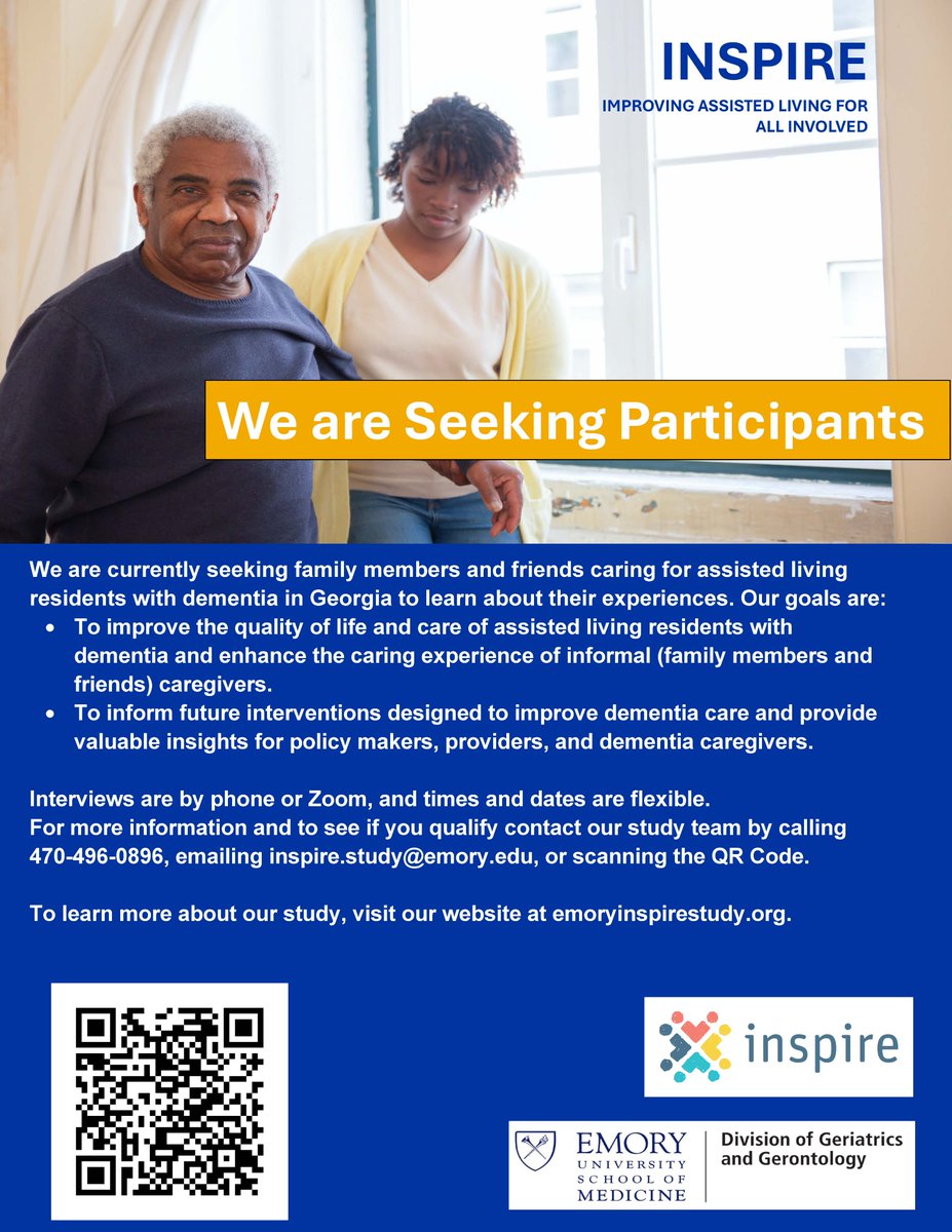 InspireStudyEU's tweet image. We are seeking informal caregivers of assisted living residents with dementia for our study. To learn more about how to participate in our study and to see if you qualify, call 470-493-0896, email us at inspire.study@emory.edu, or visit our website emoryinspirestudy.org/joining-our-st….