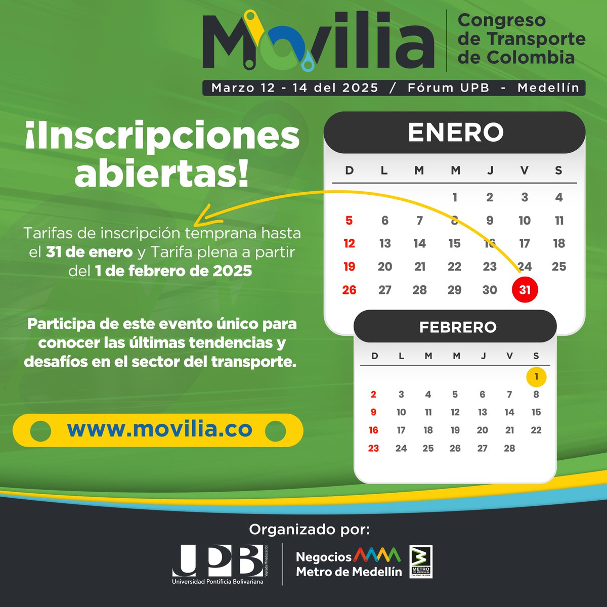 Listos para el Congreso de Transporte de Colombia junto al <a href="/metrodemedellin/">Metro de Medellín 💚 #30AñosALoMetro</a> 🚐🚈🏍️😯Inscríbete a Movilia con una tarifa única hasta el 31 de enero y sé participe en espacios de análisis con expertos en materia de movilidad.🚇📊✅  movilia.co