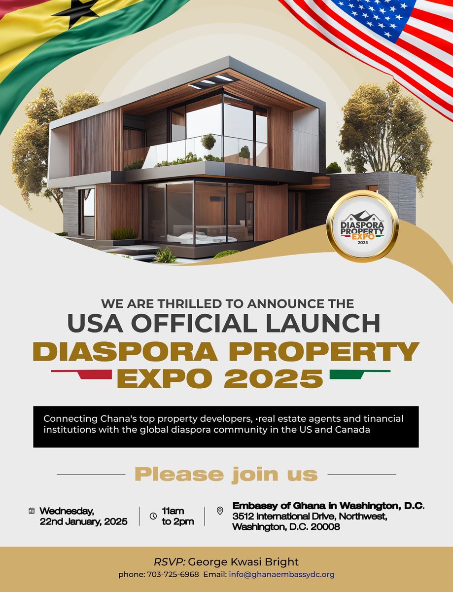 Diaspora Property Expo 2025 has announced its U.S. launch, an event dedicated to bridging the gap between real estate opportunities in Ghana and the diaspora. It's scheduled for January 22, 2025, at the Ghana Embassy in Washington, DC. 
.
.
.
#Property
#RealEstate