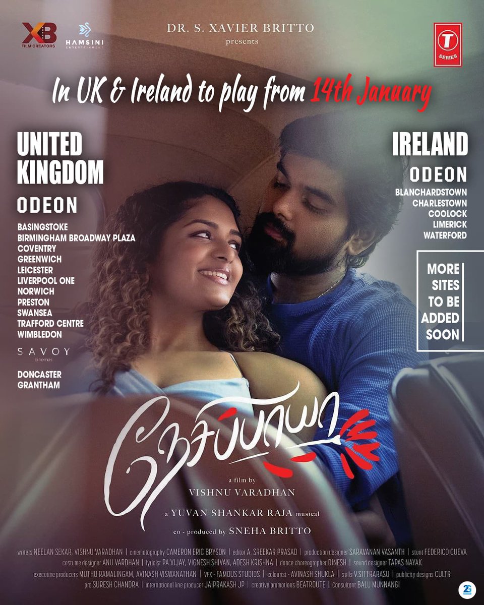 Hamsini Entertainment (@hamsinient) on Twitter photo #Nesippaya - UK & Ireland theaters list 📝 Let this new-gen kaadhal story from the iconic #VishnuXYuvan duo steal your heart ❤️🔥
#NesippayaFromTomorrow ♥ UK & Europe release by <a href="/Hamsinient/">Hamsini Entertainment</a> in association with #2GEntertainments
A <a href="/vishnu_dir/">vishnu varadhan</a> film
An <a href="/thisisysr/">Raja yuvan</a> musical
#VV10 #Nesippaya - UK & Ireland theaters list 📝 Let this new-gen kaadhal story from the iconic #VishnuXYuvan duo steal your heart ❤️🔥
#NesippayaFromTomorrow ♥ UK & Europe release by <a href="/Hamsinient/">Hamsini Entertainment</a> in association with #2GEntertainments
A <a href="/vishnu_dir/">vishnu varadhan</a> film
An <a href="/thisisysr/">Raja yuvan</a> musical
#VV10