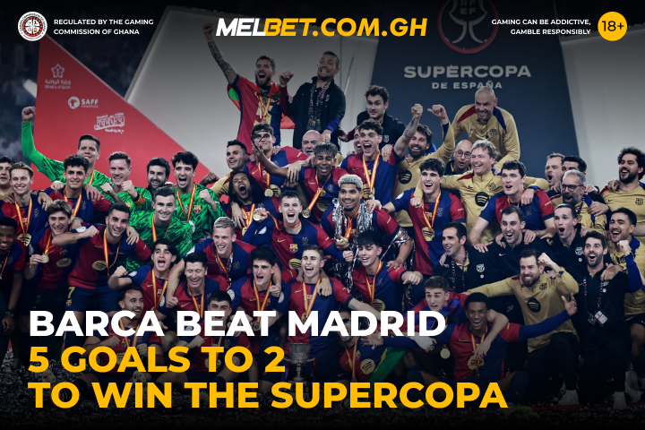 MelbetGhana's tweet photo. #Barcelona triumph 5-2 over #RealMadrid to win the #Supercopa! 🏆🔥

#Yamal, #Raphinha, and #Rodrygo impressed, while #Szczęsny’s red card added extra drama! ⚽️

Increase #WelcomeBonus up to 2700 GHS with #PromoCode 👉🏾 MELXGH

#SpainSuperCup #ElClasico #BarcaWin #RealMadrid https://t.co/cYZuaHihMU