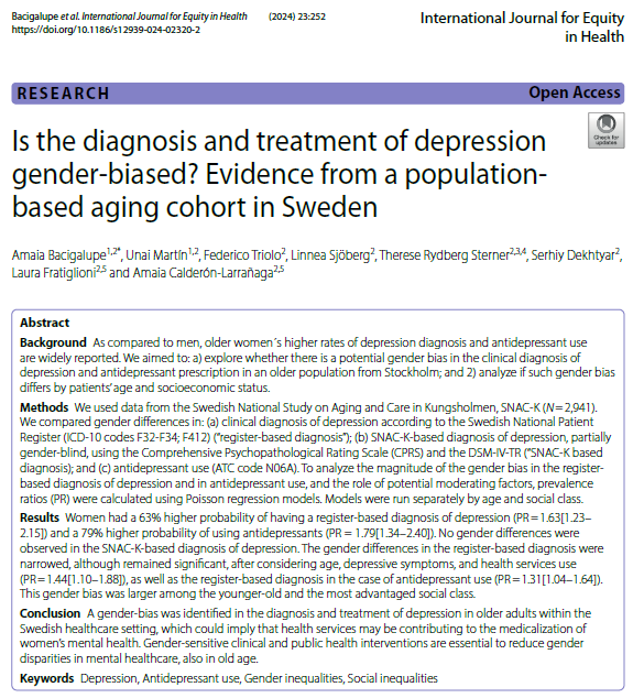 Opik (@opik_ikerketa) on Twitter photo 📢 New paper published in <a href="/equityhealthj/">Int Journal for Equity in Health</a> co-authored by <a href="/Opik_ikerketa/">Opik</a> and <a href="/ARC__KI/">Aging Research Center</a> <a href="/karolinskainst/">Karolinska Institutet</a> researchers.
"Is the diagnosis and treatment of depression #gender_biased? Evidence from a population-based aging cohort in Sweden" 👇shorturl.at/5qBjC 📢 New paper published in <a href="/equityhealthj/">Int Journal for Equity in Health</a> co-authored by <a href="/Opik_ikerketa/">Opik</a> and <a href="/ARC__KI/">Aging Research Center</a> <a href="/karolinskainst/">Karolinska Institutet</a> researchers.
"Is the diagnosis and treatment of depression #gender_biased? Evidence from a population-based aging cohort in Sweden" 👇shorturl.at/5qBjC