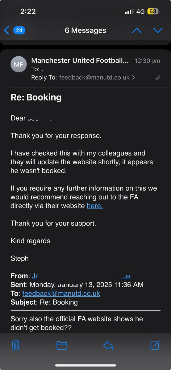 MissJMUFC's tweet photo. @TheCardDealer Bad news guys!!! United have now confirmed he didn’t get booked 😣 https://t.co/OZBBrJ9SDE