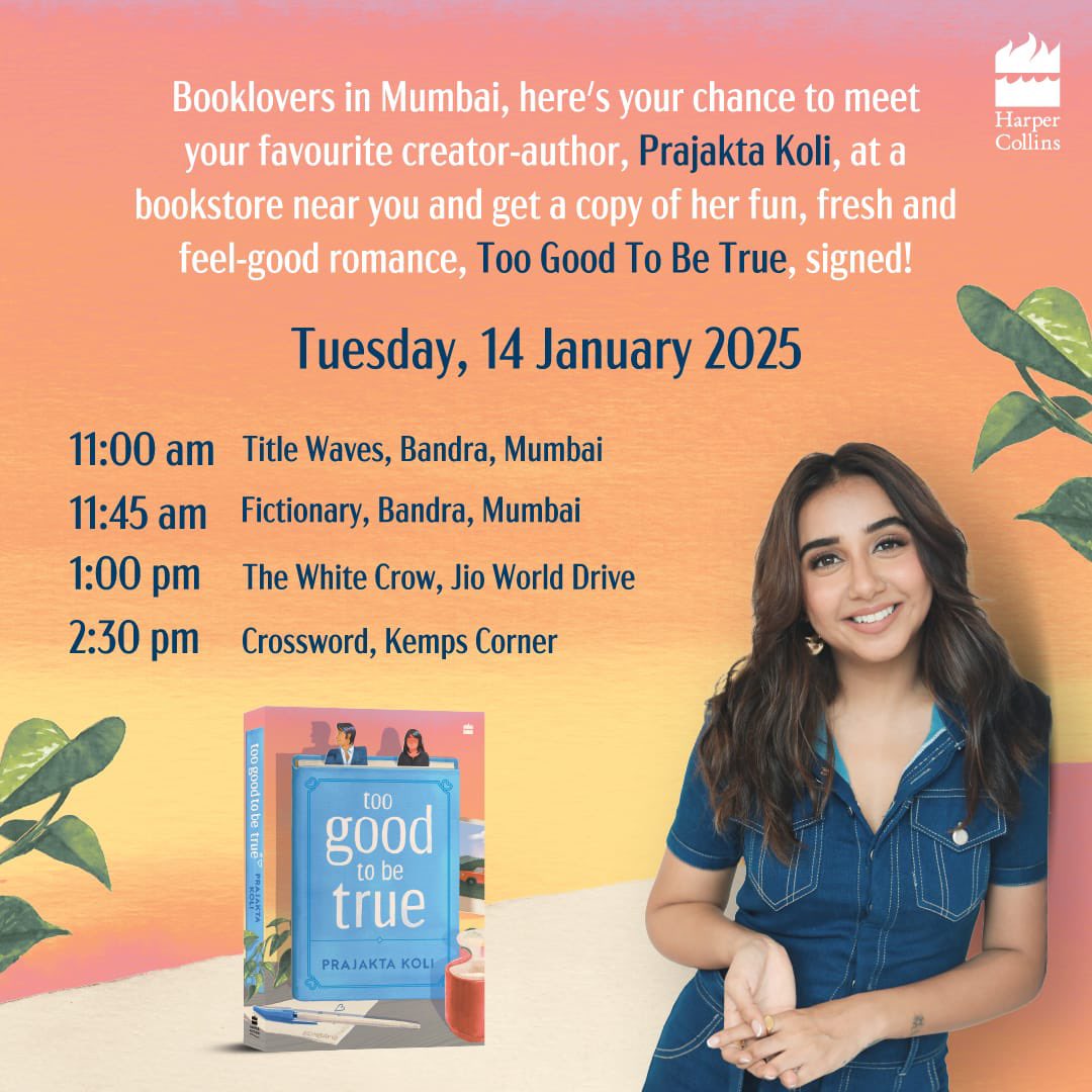 HarperCollins (@harpercollinsin) on Twitter photo #Mumbai readers, get ready to meet Prajakta Koli (<a href="/iamMostlySane/">Prajakta Koli</a>) on 14th January at your favourite bookstores and get your copies of her stellar debut novel, #TooGoodToBeTrue, signed!
<a href="/titlewavesMUM/">Title Waves Bookstores</a> #FictionaryBookstore #TheWhiteCrow <a href="/crossword_book/">Crossword Bookstores</a>
#READWithHarperCollins #Mumbai readers, get ready to meet Prajakta Koli (<a href="/iamMostlySane/">Prajakta Koli</a>) on 14th January at your favourite bookstores and get your copies of her stellar debut novel, #TooGoodToBeTrue, signed!
<a href="/titlewavesMUM/">Title Waves Bookstores</a> #FictionaryBookstore #TheWhiteCrow <a href="/crossword_book/">Crossword Bookstores</a>
#READWithHarperCollins