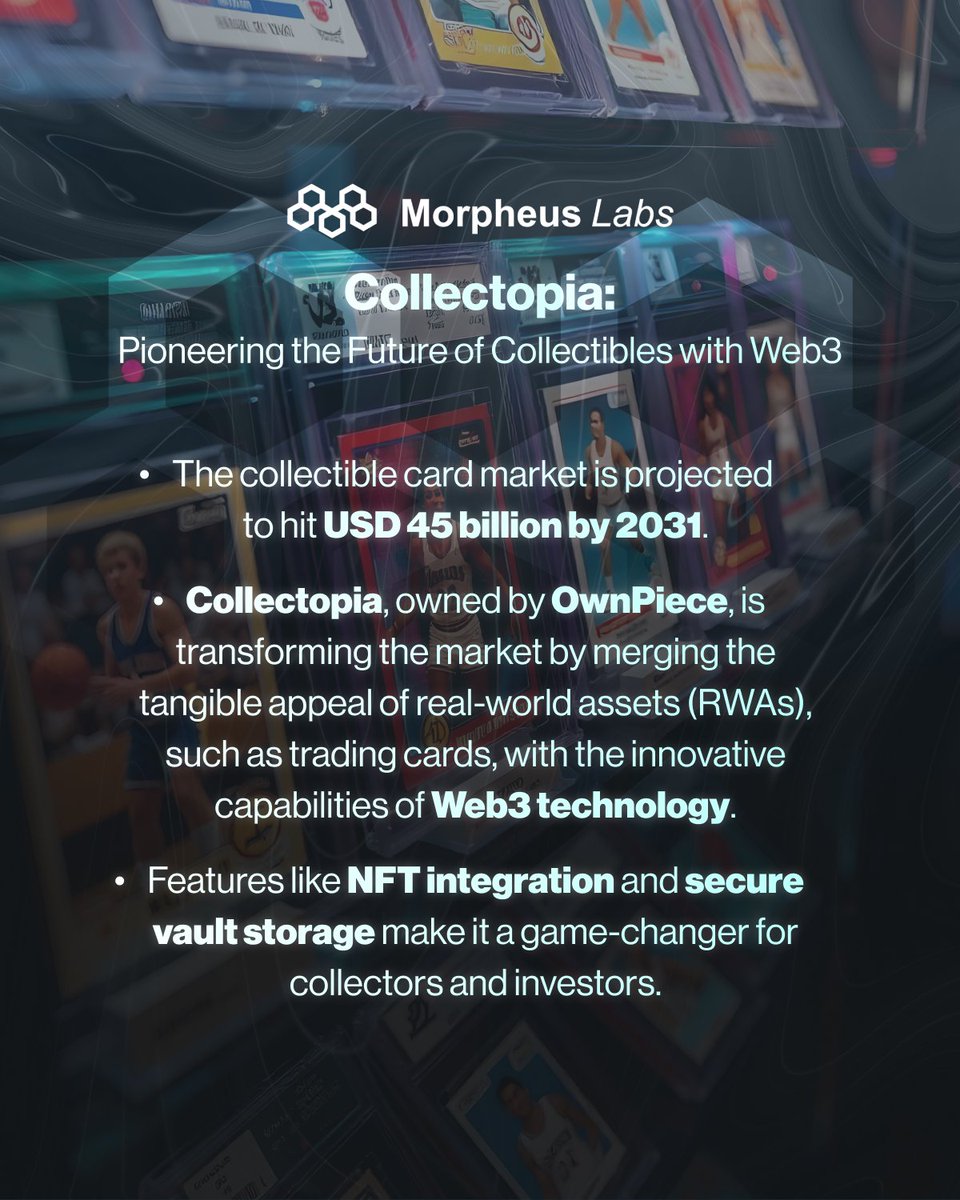 morpheuslabs_io's tweet photo. The collectible card market is set to hit $45B by 2031, and @collectopiaOP is leading the Web3 revolution! 🚀
By blending NFTs with secure vault storage, it transforms trading cards into fraud-proof, liquid, globally accessible digital assets.

Learn how Collectopia is reshaping the collectible industry:
👉https://t.co/yRQz05Ziol

#NFTs #Web3 #TradingCards #MorpheusLabs #ICP #OwnPiece #Collectopia