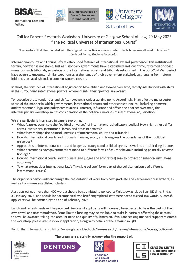 And now with the correct (updated) link: gla.ac.uk/schools/law/re…

Reminder that abstracts due 31/1/25!

<a href="/UofGLaw/">UofG School of Law</a>, <a href="/UofGCILS/">Glasgow Centre for International Law & Security</a> <a href="/MYBISA/">BISA - British International Studies Association</a> <a href="/isanet/">ISA</a> @esil_sedisections <a href="/FCDOGovUK/">Foreign, Commonwealth & Development Office</a>, @esrc @dentons, <a href="/ESIL_SocSci/">ESIL IG on Social Sciences and Int'L Law</a>