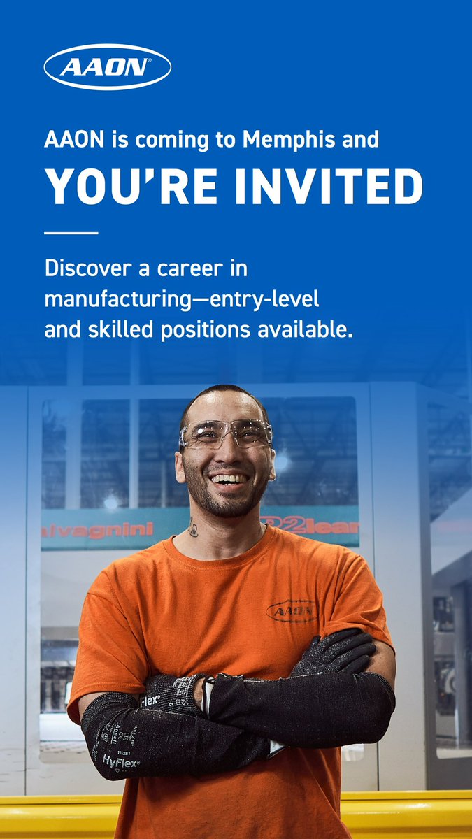 AAON is hosting a hiring event this Wednesday at their Memphis manufacturing facility, 5106 Tradeport Dr, Memphis, TN 38141. From 2:00 PM to 6:00 PM, you’ll have the opportunity to meet with their team and explore their competitive benefits.

🔗 Explore all open positions and