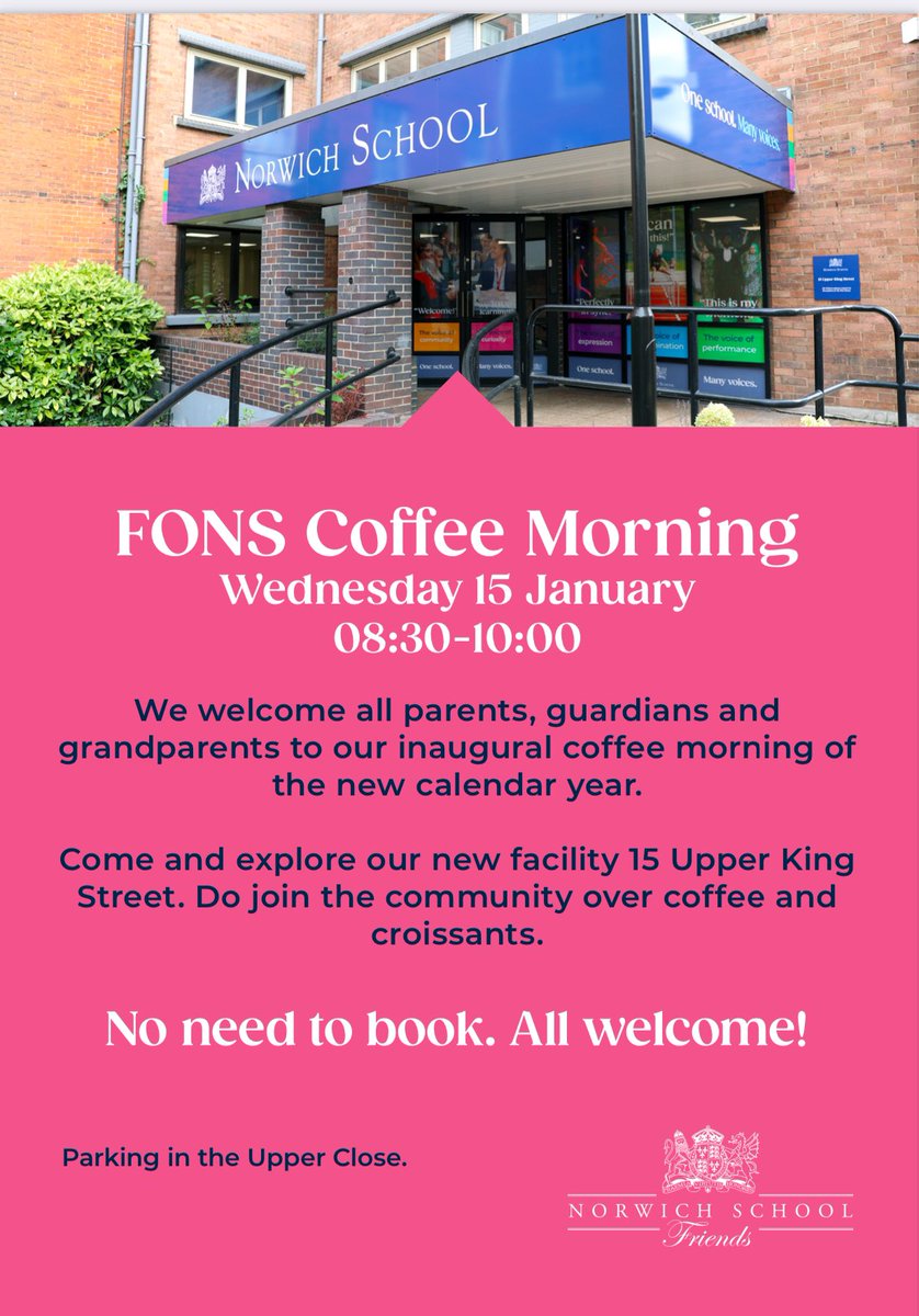 NorSchFriends's tweet photo. ☕️🥐 Join us on Wednesday 15th January (8:30am-10am) in 15 Upper King Street for our first Coffee morning of the year! 

Parking available on the West Front of the Cathedral. 

All welcome! ☕️🥐

@NorwichSchool 
@NorwichLowerSch @NorwichLS https://t.co/w8agXCHrkh