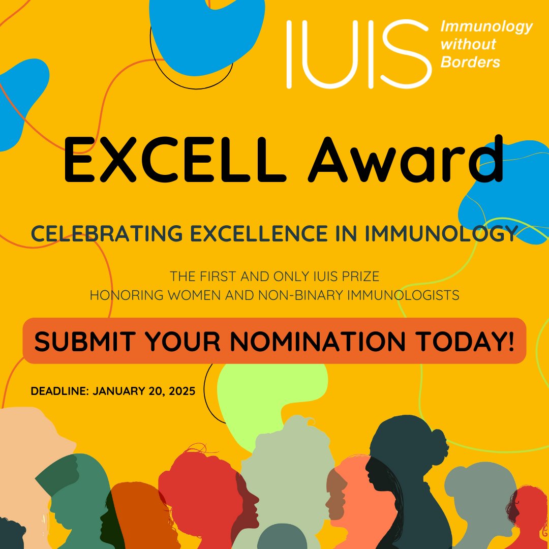 Nominations are open for the IUIS Excellence in Immunology (EXCELL) Award!

This special award recognizes women and non-binary immunologists for their outstanding research accomplishments. This $40,000 USD prize will be awarded at #IUIS2025!

Learn more: loom.ly/QM7AWB4