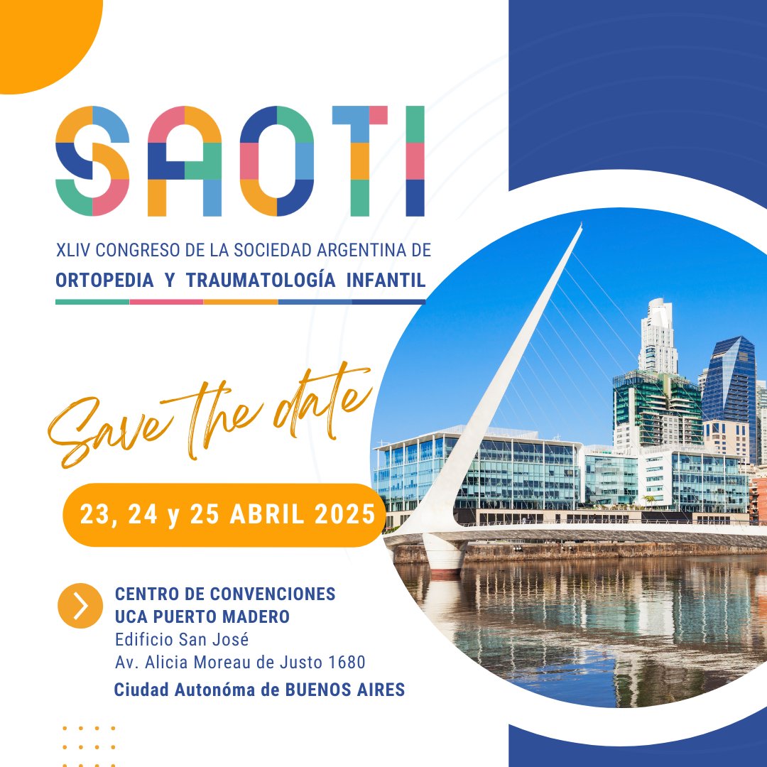 MarcelaClement's tweet photo. Estamos honrados de haber sido convocados nuevamente a organizar el Congreso de la Sociedad Argentina de Ortopedia y Traumatología Infantil, esta vez edición 44°
✅ ¡Agendá las fechas! 23 al 25 Abril 2025
Sede: UCA Puerto Madero, Auditorio Juan Pablo II, CABA, Argentina. https://t.co/v0Vg9yhuoZ