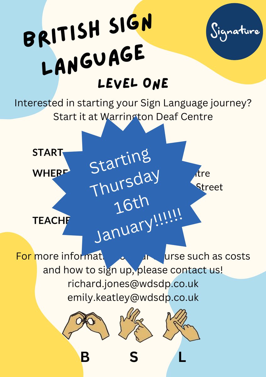 Our Level One course is starting this week!!!
Thursday 16th January at 6:30pm!
If anyone would like more information or where to sign-up, please email emily.keatley@wdsdp.co.uk for more information!

#bsl #bedeafware #warrington #northwest #learning
