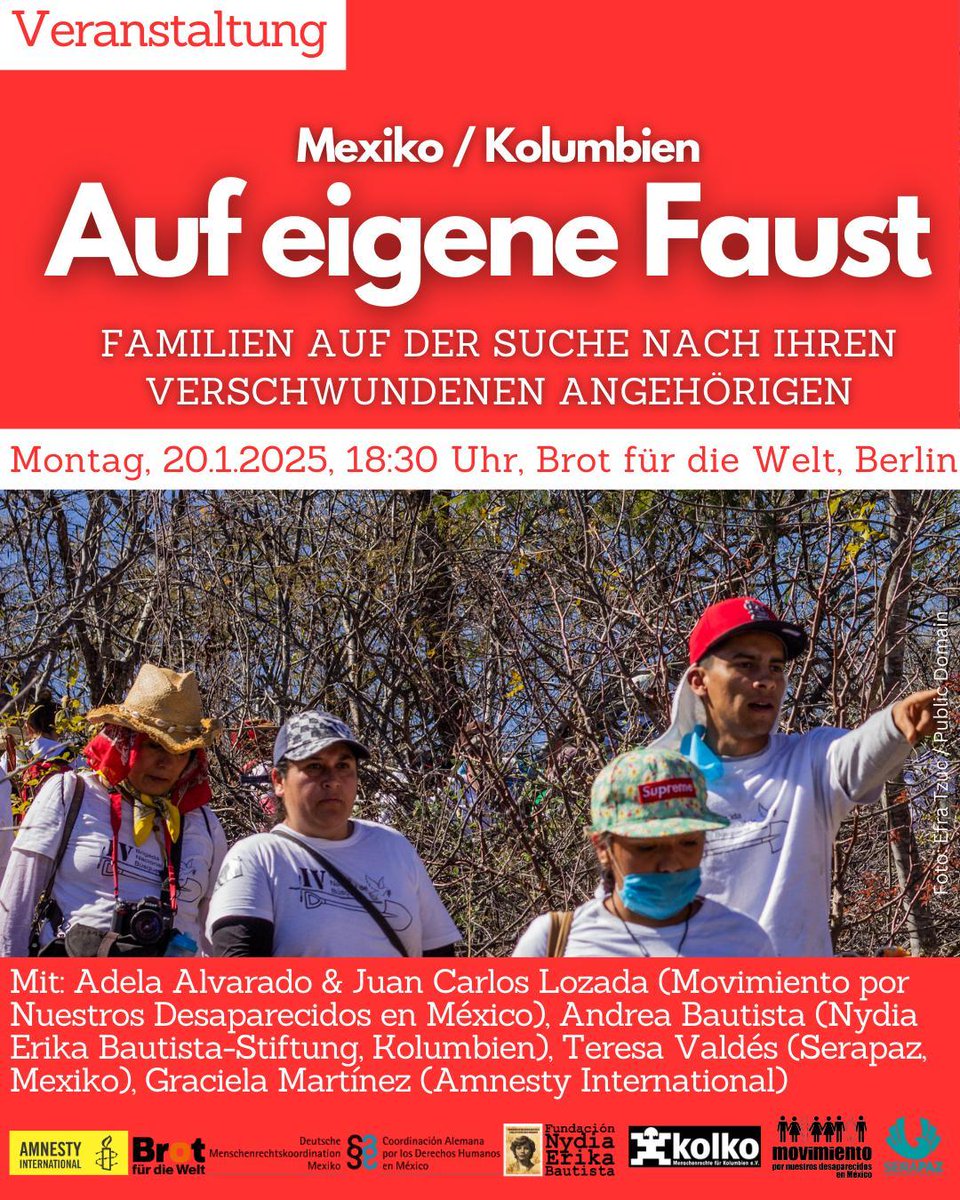Deutsche Menschenrechtskoordination Mexiko (@dmrkmexiko) on Twitter photo 🗓️NÄCHSTEN MONTAG🗓️
Wo sind sie? Das fragen sich in #Mexiko und #Kolumbien tausende Familien, die nach verschwundenen Angehörigen suchen. Veranstaltung über #Verschwindenlassen mit Suchenden aus beiden Ländern <a href="/movNDmx/">@movNDmx</a> <a href="/nydia_erika/">Fundación Nydia Erika Bautista para los Derechos H</a> <a href="/SerapazMexico/">Serapaz México</a> <a href="/amnesty/">Amnesty International</a> mexiko-koordination.de/2024/12/20/ver… 🗓️NÄCHSTEN MONTAG🗓️
Wo sind sie? Das fragen sich in #Mexiko und #Kolumbien tausende Familien, die nach verschwundenen Angehörigen suchen. Veranstaltung über #Verschwindenlassen mit Suchenden aus beiden Ländern <a href="/movNDmx/">@movNDmx</a> <a href="/nydia_erika/">Fundación Nydia Erika Bautista para los Derechos H</a> <a href="/SerapazMexico/">Serapaz México</a> <a href="/amnesty/">Amnesty International</a> mexiko-koordination.de/2024/12/20/ver…