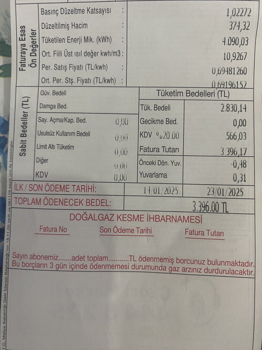 zgrklz's tweet photo. Doğalgaz faturaları ne durumda arkadaşlar? Uçuyor muyuz?
Bende 3.396 TL. Bir hafta da ayazda kaldığımız halde.

#Darıca #fatura #doğalgaz #palgaz https://t.co/nqgWsycTht