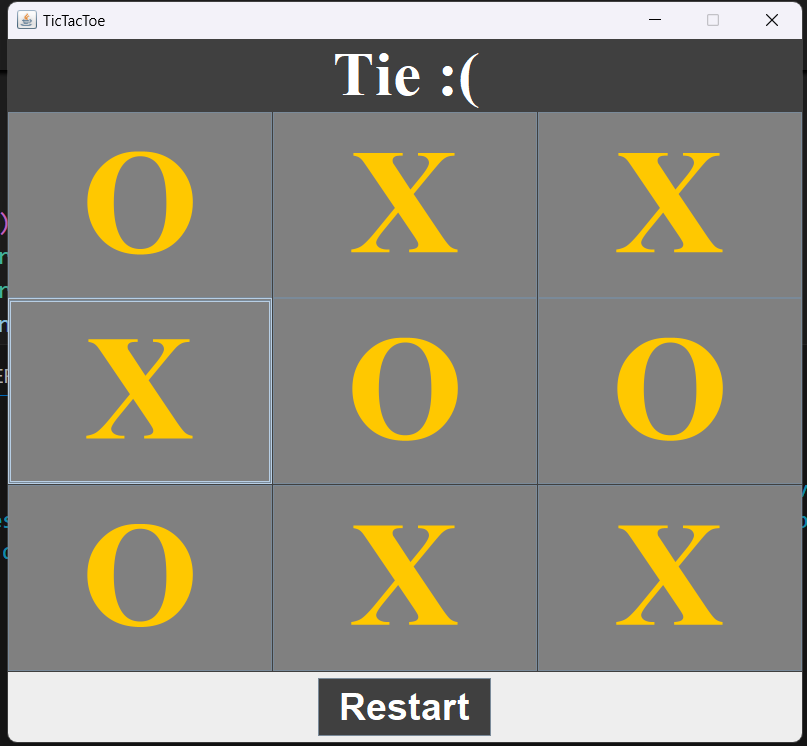 Griffinxzoro's tweet photo. Hey there @nexovates!

Day 6️⃣ of sharing my learnings: Built a Tic Tac Toe game from scratch using Java Swing! 

Creating the logic and GUI was a fun challenge—excited to keep leveling up my skills! 

#100DaysOfCode #Java #Swing #GameDev #CodingJourney #TechTwitter https://t.co/fLLmz0tsxt