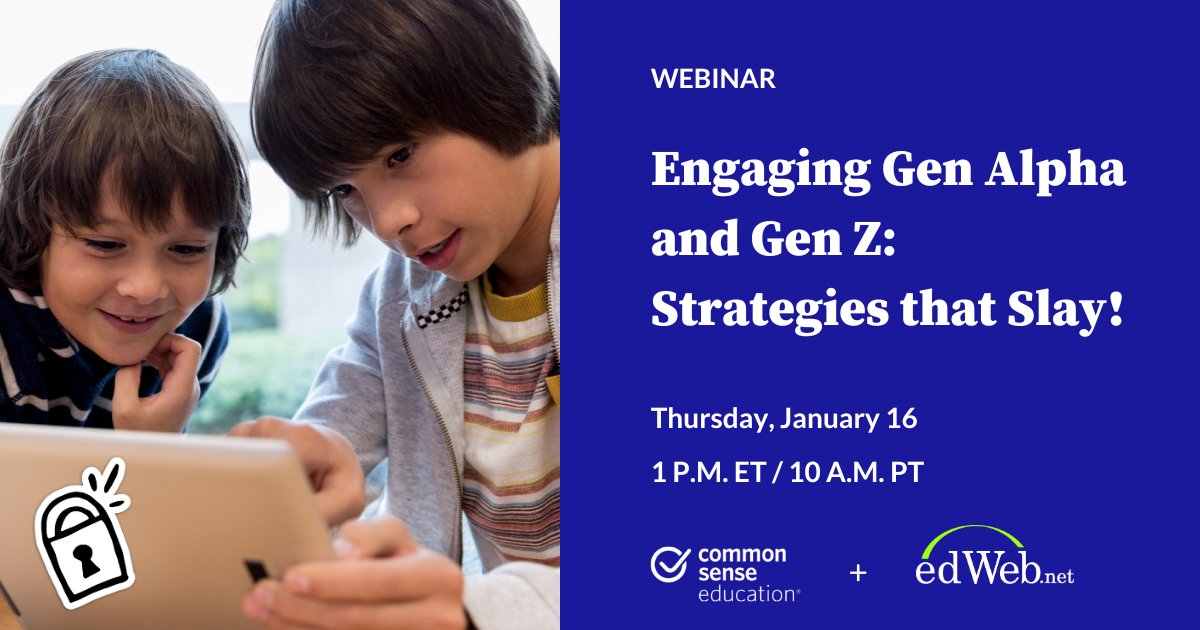 Common Sense Education (@commonsenseed) on Twitter photo This Thursday! Join <a href="/HaloRogers/">Halo Rogers</a> (Northside Independent School District), and Common Sense's own <a href="/Jehehalt/">Jennifer Ehehalt ✨ | @jehehalt.bsky.social</a> to learn about Gen Z and Alpha engagement strategies, including station rotation, AI tools, and digital resources for students in grades 3–12. comsen.se/3ZVGMzN This Thursday! Join <a href="/HaloRogers/">Halo Rogers</a> (Northside Independent School District), and Common Sense's own <a href="/Jehehalt/">Jennifer Ehehalt ✨ | @jehehalt.bsky.social</a> to learn about Gen Z and Alpha engagement strategies, including station rotation, AI tools, and digital resources for students in grades 3–12. comsen.se/3ZVGMzN