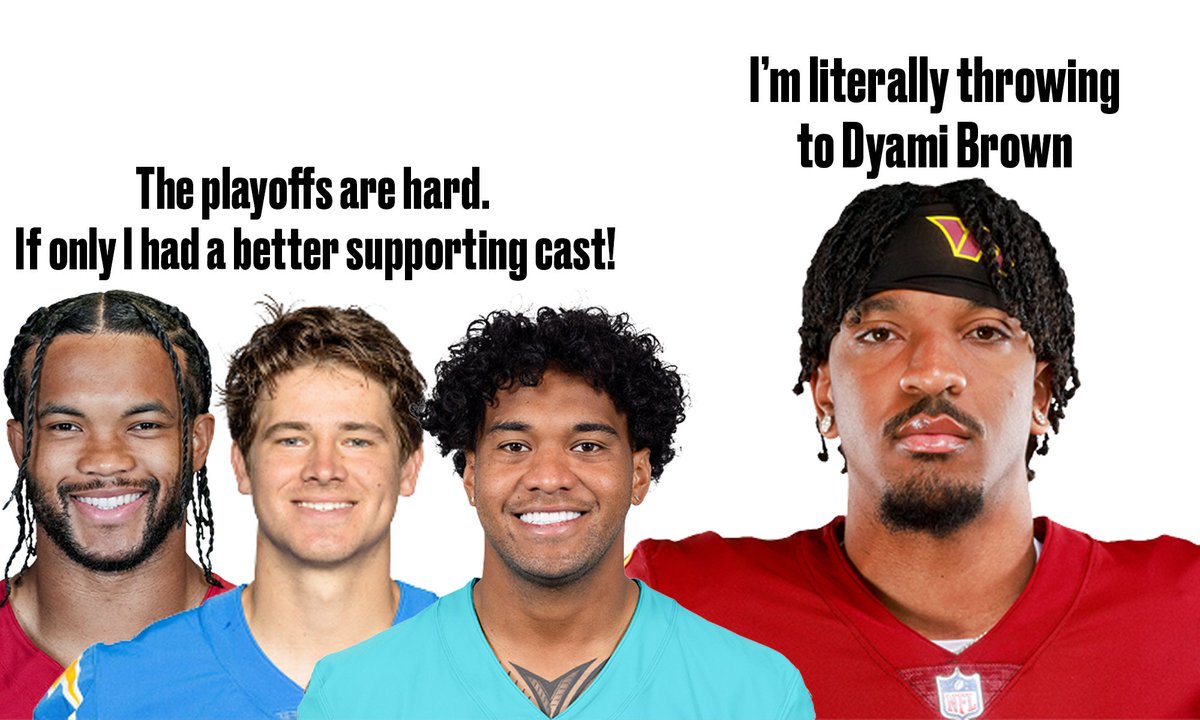 Underdog's tweet photo. Playoff wins...

Justin Herbert + Kyler Murray + Tua Tagovailoa = 0 
Jayden Daniels = 1 https://t.co/XStfbZ1xWM