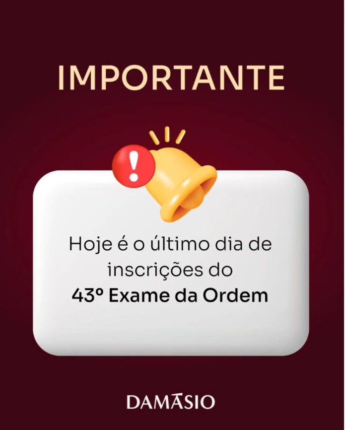 damasiogru's tweet photo. Atenção! 🚨

Hoje se encerra o período de inscrição para a OAB 43. Os candidatos poderão de inscrever até as 17h pelo site da FGV.

⚠ Compartilha com quem não pode perder o prazo! https://t.co/cc0nkcQ1UD