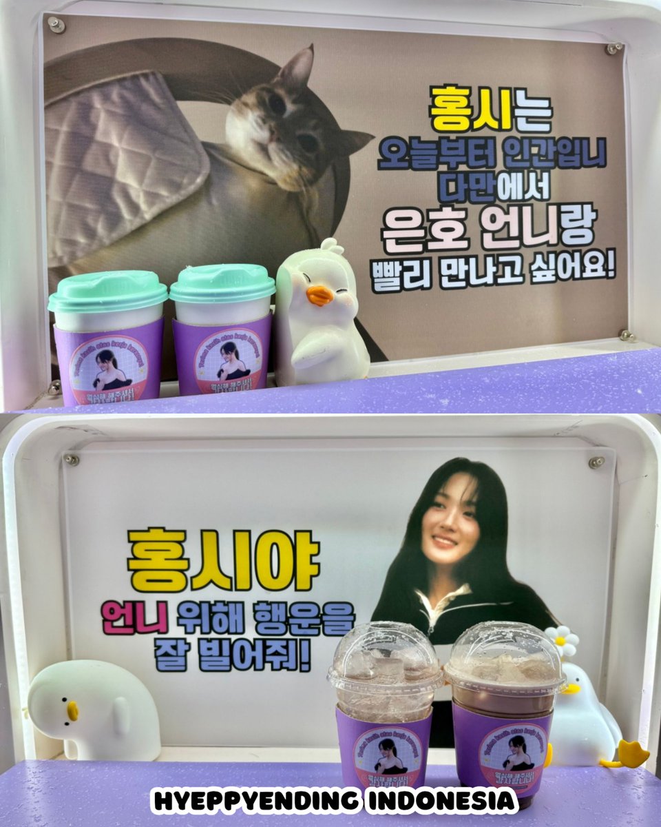 hellobungz's tweet photo. Banner

분식차🩷
- Top: Our Hyeyoon, fighting! Human From Today staff, fighting
- Left: May every bite give you strength and every sip bring you happiness, our Eunho & Human from Today's crews! Enjoy the food and drinks from Gumihye Cafe!
- Right: Sayang-hae (I love you), Kim Hyeyoon! Your fans from Indonesia comes here to support and love you. From Hyeppyending Indonesia (+ name list part 1)

커피차💜
- Top: Congrats on your 12 years debut anniversary, our Hyeyoon! What you have achieved in today only a prelude of the greatness that will come to you.
- Left: To Hyeyoon and the incredible team behind the <Human From Today>’s magic—here’s love and energy for all of you!
- Right: Sayang-hae (I love you), Kim Hyeyoon! Your fans from Indonesia comes here to support and love you.  From Hyeppyending Indonesia (+ name list part 2)
- Hongshi Hyeyoon banner:
🐱: Hongshi can't wait to see Eunho eonnie in <Human From Today>!
👸🏻: Hongshi-ya, wish good luck for eonnie!

cc: @HamunKang1

#KimHyeYoon #김혜윤 #HumanFromToday #오늘부터인간입니다만