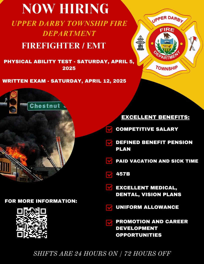 The Upper Darby Fire Department is now recruiting for the Entry-Level Firefighter posted. The application is now open.
For more info, Scan QR code