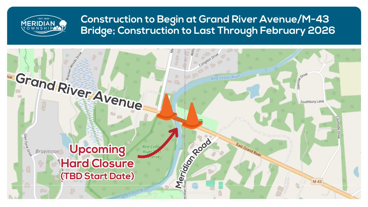 ⚠ UPCOMING BRIDGE REPLACEMENT TO IMPACT TRAVEL ⚠

Learn more and find updates at bit.ly/M43Bridge2025. 

#MeridianTownship #Haslett #Okemos