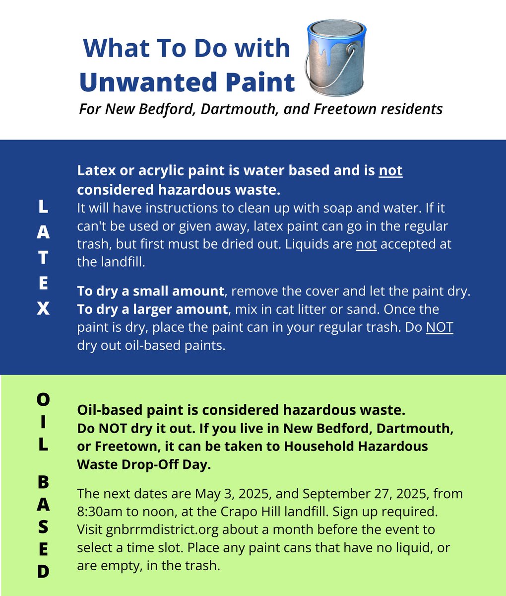 Do you have unwanted paint? Please see the graphic to learn about proper disposal of both latex and oil-based paint.
Questions? Email marissa@gnbrrmdistrict.org, call (508) 979-1493, or text (774) 503-0254.😊