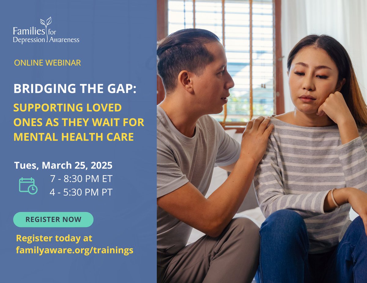 FamilyAware's tweet image. Join clinical psychologist Dr. Emily Kline for our eye-opening webinar &quot;Bridging the Gap: Supporting Loved Ones as They Wait for Mental Health Care.&quot;

Click here to secure your place in this session. familyaware.org/webinar/bridgi…

#Waitlists #MentalHealth #CaregiverEducation