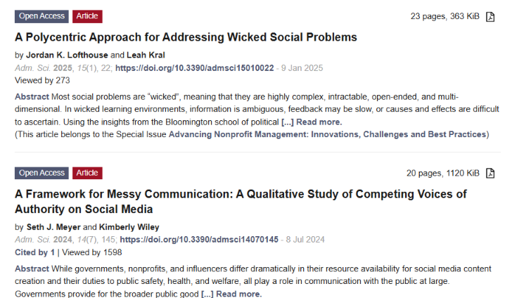 Leah Kral (@leahkral) on Twitter photo 📢 "Advancing Nonprofit Management: Innovations, Challenges and Best Practices" is a special open access (free) issue of Administrative Sciences Journal.
🧩 Along with coauthor <a href="/JordanLofthouse/">Jordan Lofthouse</a>, we explore how societies address wicked social problems: mdpi.com/2076-3387/15/1… 📢 "Advancing Nonprofit Management: Innovations, Challenges and Best Practices" is a special open access (free) issue of Administrative Sciences Journal.
🧩 Along with coauthor <a href="/JordanLofthouse/">Jordan Lofthouse</a>, we explore how societies address wicked social problems: mdpi.com/2076-3387/15/1…