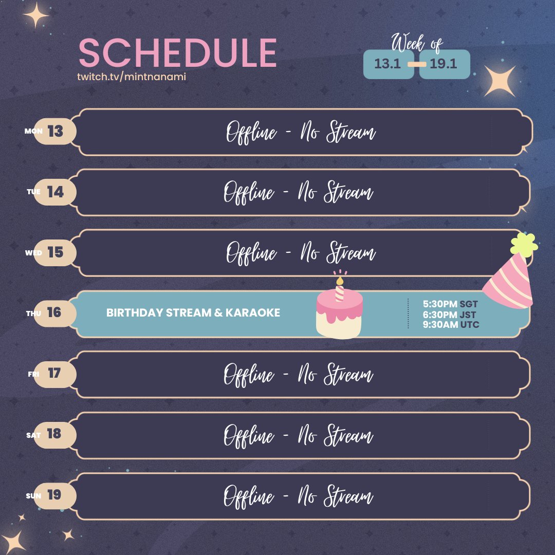 mint_nanami's tweet photo. Schedule🎂 | 13/1 ~ 19/1
https://t.co/hiXHARgQaj
It's my birthday week!
General | #mintnanami
Live/Clip | #nanamintlive
Art | #nanamintart
#Vtuber #VtuberUprising #SGVtuber #VtuberID https://t.co/I3hhRqKcnP