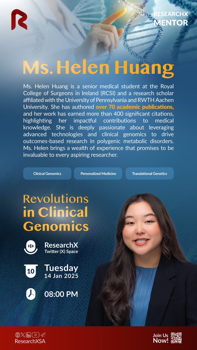 ResearchX (@researchxsa) on Twitter photo يطيب لنا في سلسلة لقاءات #تجربة_باحث استضافة هيلين هوانغ <a href="/HelenYRHuang/">Helen Ye Rim Huang</a> من الكلية الملكية للجراحين في أيرلندا، والتي تميزت مسيرتها الأكاديمية بمساهماتها وخبرتها البحثية الفريدة في المعلوماتية الصحية وعلم الوراثة البشرية💫
📆 يوم الثلاثاء ١٤ يناير، الساعة ٨ مساءً
لا تفوتوا فرصة يطيب لنا في سلسلة لقاءات #تجربة_باحث استضافة هيلين هوانغ <a href="/HelenYRHuang/">Helen Ye Rim Huang</a> من الكلية الملكية للجراحين في أيرلندا، والتي تميزت مسيرتها الأكاديمية بمساهماتها وخبرتها البحثية الفريدة في المعلوماتية الصحية وعلم الوراثة البشرية💫
📆 يوم الثلاثاء ١٤ يناير، الساعة ٨ مساءً
لا تفوتوا فرصة