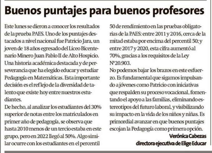 eligeeducar's tweet photo. Este fin de semana, en diversos medios regionales, abordamos el proceso de Admisión 2025 y destacamos a Patricio Jara, un joven de Alto Hospicio quien decidió estudiar Pedagogía en Matemáticas en el contexto de los resultados PAES. Revisa las cartas completas aquí 👇🏻 https://t.co/fH3KUmwyK2