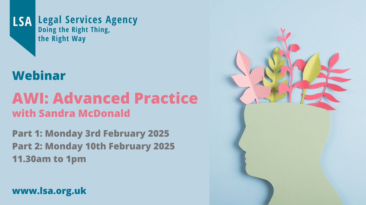 Join LSA's two part webinar on AWI with
<a href="/sandraexpg/">Sandra McDonald</a> - Don't miss our advanced practice sessions - BOOK NOW 👉 bit.ly/4fjKVmE #LSAwebinar #AWI #adultswithincapacity #ScotsLaw #mentalhealth #capacity #PoA #powerofattorney #UNCRPD #ScottReview #deprivationofliberty #booknow