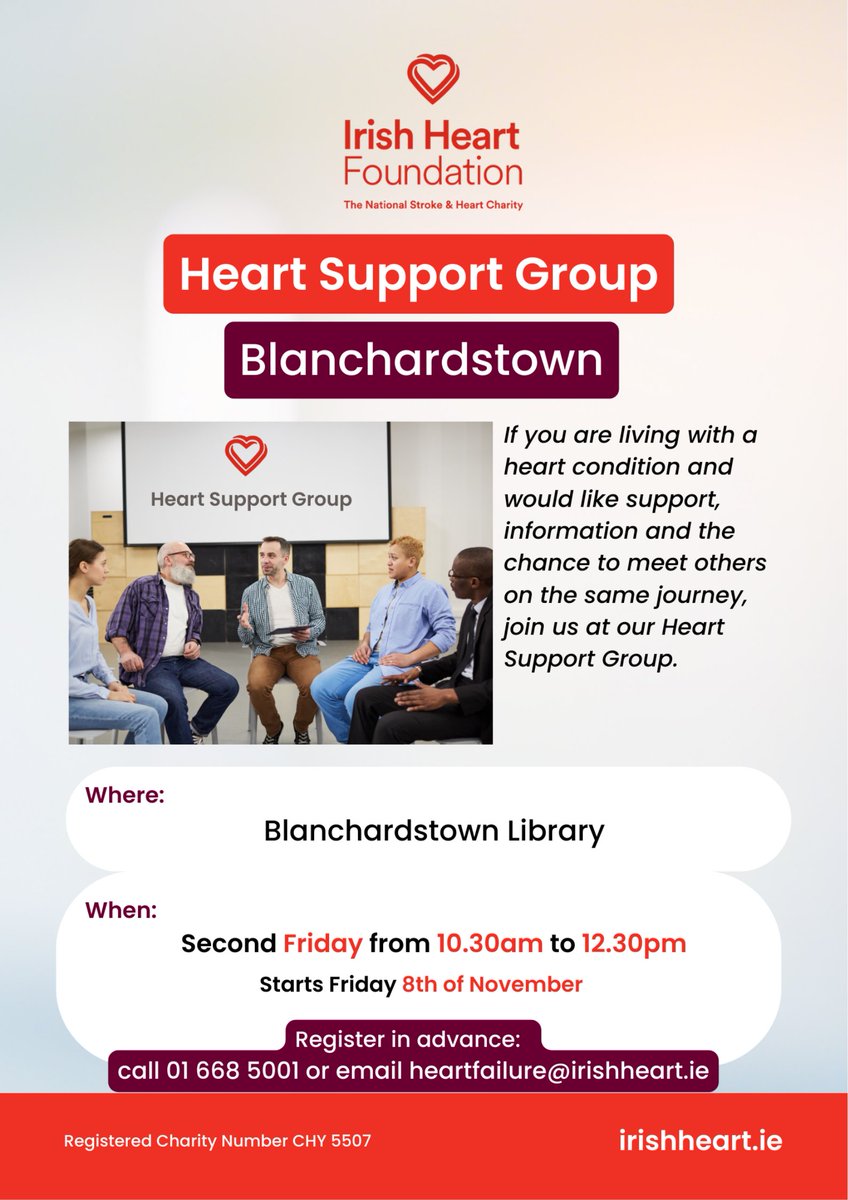 Fingal County Libraries (@fingallibraries) on Twitter photo The Heart Support Group meet every second Friday of the month at 10.30am in Blanchardstown Library. The next meeting takes place on Friday, February 14th at 10.30am. Register in advance by calling (01) 6685001 or email heartfailure@irishheart.ie
<a href="/Irishheart_ie/">Irish Heart Foundation</a> The Heart Support Group meet every second Friday of the month at 10.30am in Blanchardstown Library. The next meeting takes place on Friday, February 14th at 10.30am. Register in advance by calling (01) 6685001 or email heartfailure@irishheart.ie
<a href="/Irishheart_ie/">Irish Heart Foundation</a>