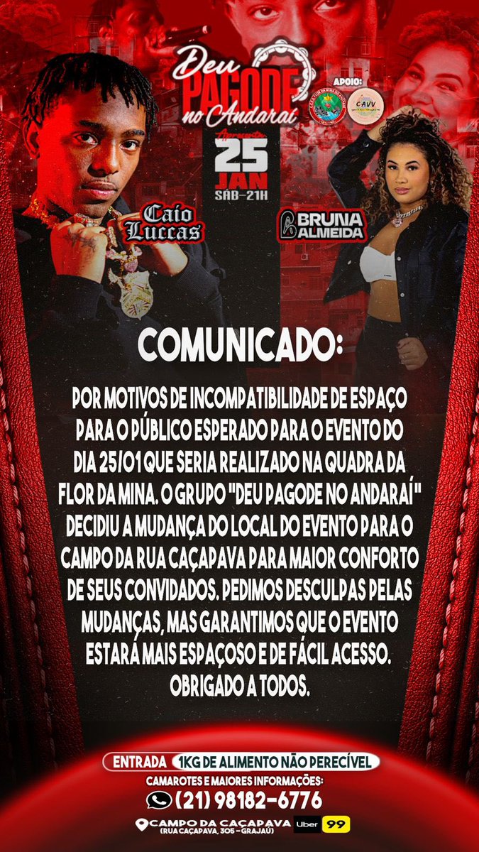 == Dia 25 é logo ali .. “ DEU PAGODE NO ANDARAI “ Showzão do “ CAIO LUCAS “ e “ CANTORA BRUNA ALMEIDA “ No campo da CAÇAPAVA … Entrada 1K de alimento não perecível 🥳🚀🎉🔥💣