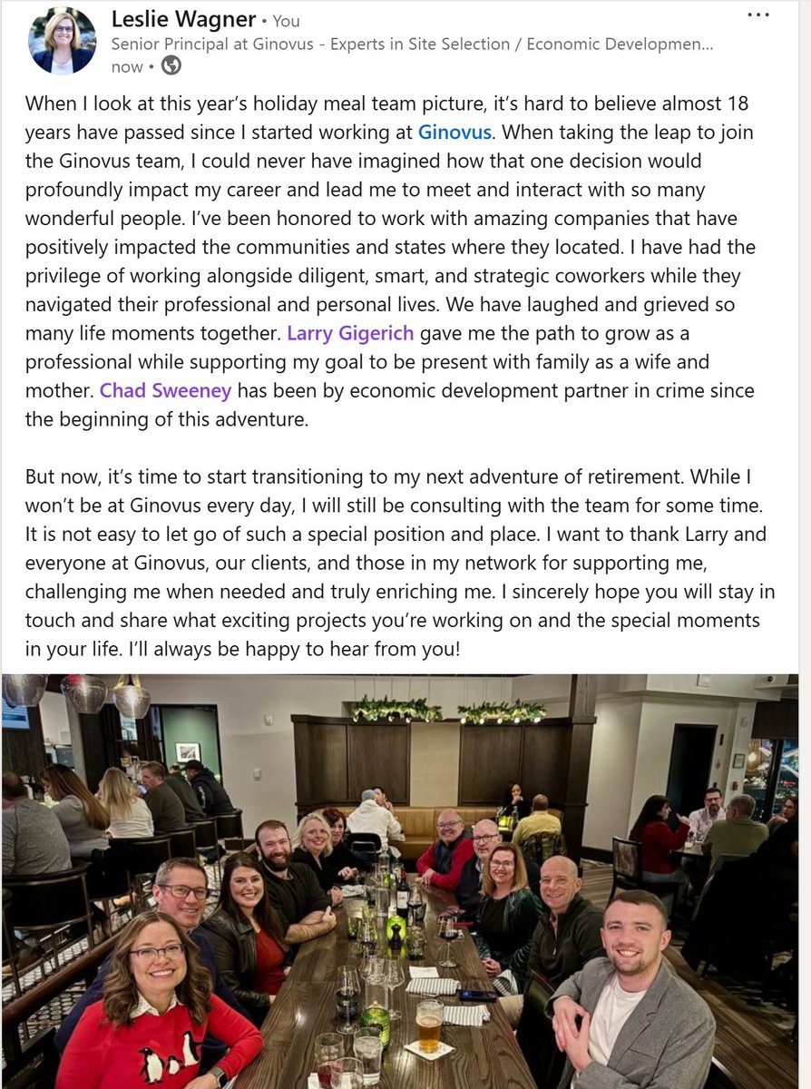 It's time to start transitioning to my next adventure of retirement. While I won’t be at <a href="/Ginovus/">Ginovus</a> every day, I will still be consulting with the team for some time. It is not easy to let go of such a special position and place. Thank you, <a href="/larrygigerich/">Larry Gigerich</a>! bit.ly/4agtAdp