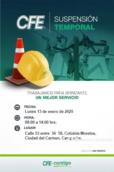 CarmenenunClick's tweet photo. #CiudadDelCarmen #CFENacional #CortesdeLuz

📣 ⏩ CFE cortará servicio en la Morelos, Mundo Maya y Playa Norte este lunes y martes 

📢 La Dirección de Protección Civil Carmen #𝗔𝗩𝗜𝗦𝗔 que || 𝗖𝗙𝗘 informa de la 𝗦𝗨𝗦𝗣𝗘𝗡𝗦𝗜𝗢́𝗡 𝗧𝗘𝗠𝗣𝗢𝗥𝗔𝗟 del servicio eléctrico ❌ https://t.co/bSi3YLjbJK