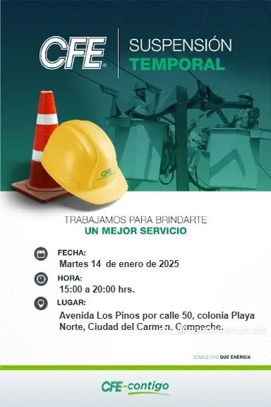CarmenenunClick's tweet photo. #CiudadDelCarmen #CFENacional #CortesdeLuz

📣 ⏩ CFE cortará servicio en la Morelos, Mundo Maya y Playa Norte este lunes y martes 

📢 La Dirección de Protección Civil Carmen #𝗔𝗩𝗜𝗦𝗔 que || 𝗖𝗙𝗘 informa de la 𝗦𝗨𝗦𝗣𝗘𝗡𝗦𝗜𝗢́𝗡 𝗧𝗘𝗠𝗣𝗢𝗥𝗔𝗟 del servicio eléctrico ❌ https://t.co/bSi3YLjbJK