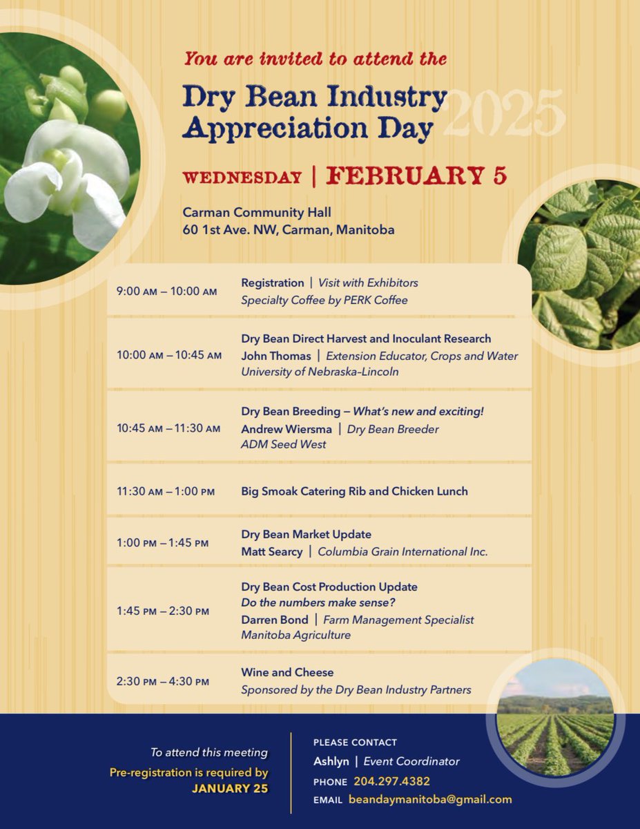 Dry Bean Day is coming up! If you are interested in attending this event in Carman, please RSVP to the contact information listed before January. 25.

Looking forward to seeing you there!