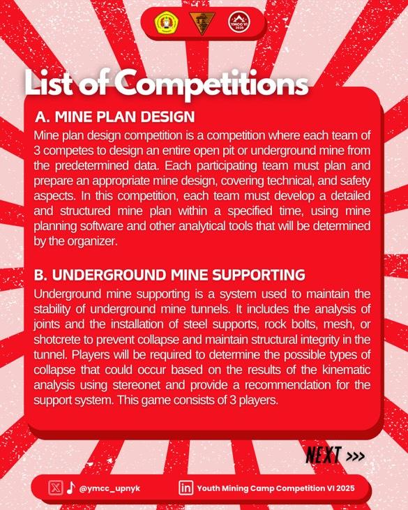 ymcc_upnyk's tweet photo. [MINING GAMES]

🏅Embark on the Mining Games Competition!🧑🏻‍🔧 where global talents confront mining challenges and redefine industry boundaries. Test your expertise in mine planning and blasting simulations, sharpening your skills in a dynamic, real-world setting.

#YMCC2025 https://t.co/fEQlIZ4YnS