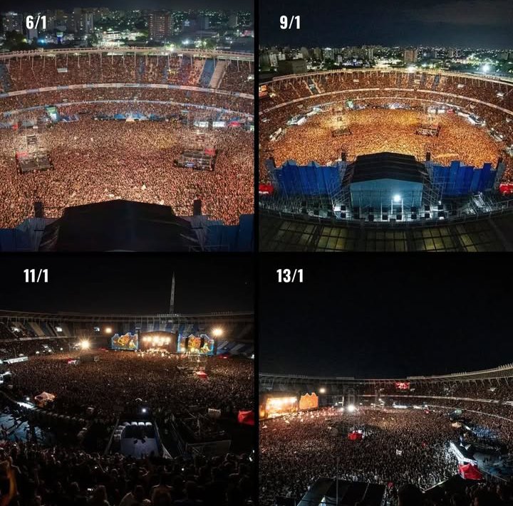 Noti_Ayer's tweet photo. Un 13 de enero pero del año 2024 se terminaba la tira de 4 shows de La Renga en Racing, dejándonos estas hermosas postales. Todas las fechas agotadas, invitados impresionantes y cada show siendo necesariamente unico. No hay palabras para definir tanto rocanrol. https://t.co/8N64cidj1J